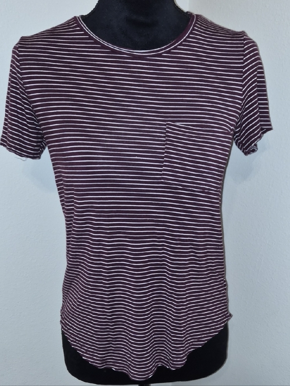 American Eagle Outfitters Maroon and White Striped Pocket Tee